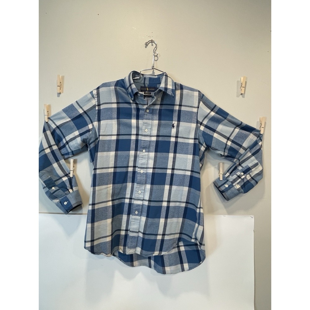 Ralph Lauren Shirt Mens Medium Blue Navy Plaid Classic Fit Performance Flannel